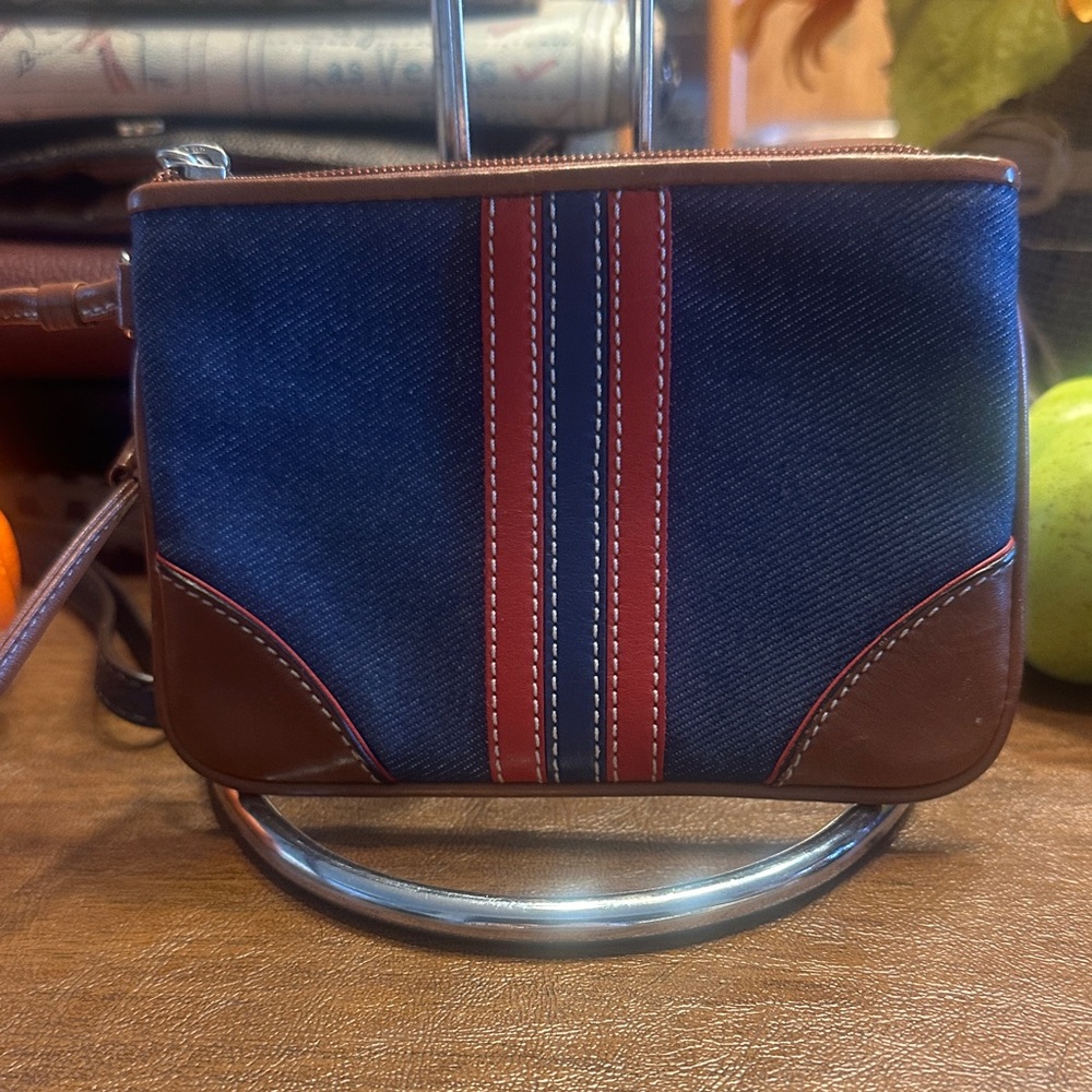 Coach Vintage Denim Blue and Brown Wristlet with Red Stripe EUC